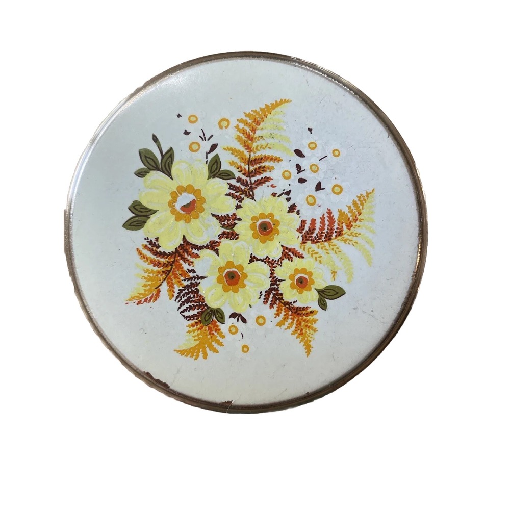 Vintage Floral Powder Compact Round White Yellow Flowers Gold Tone Pocket Mirror